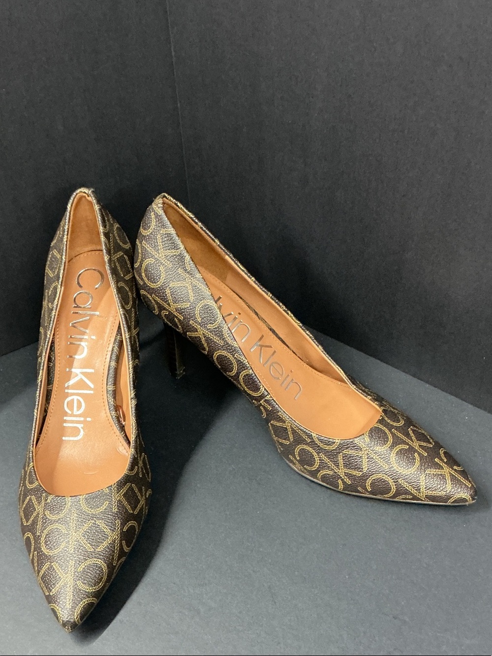 Calvin Klein Brown Giana Pumps with Monogram Heels and Pointed Toes